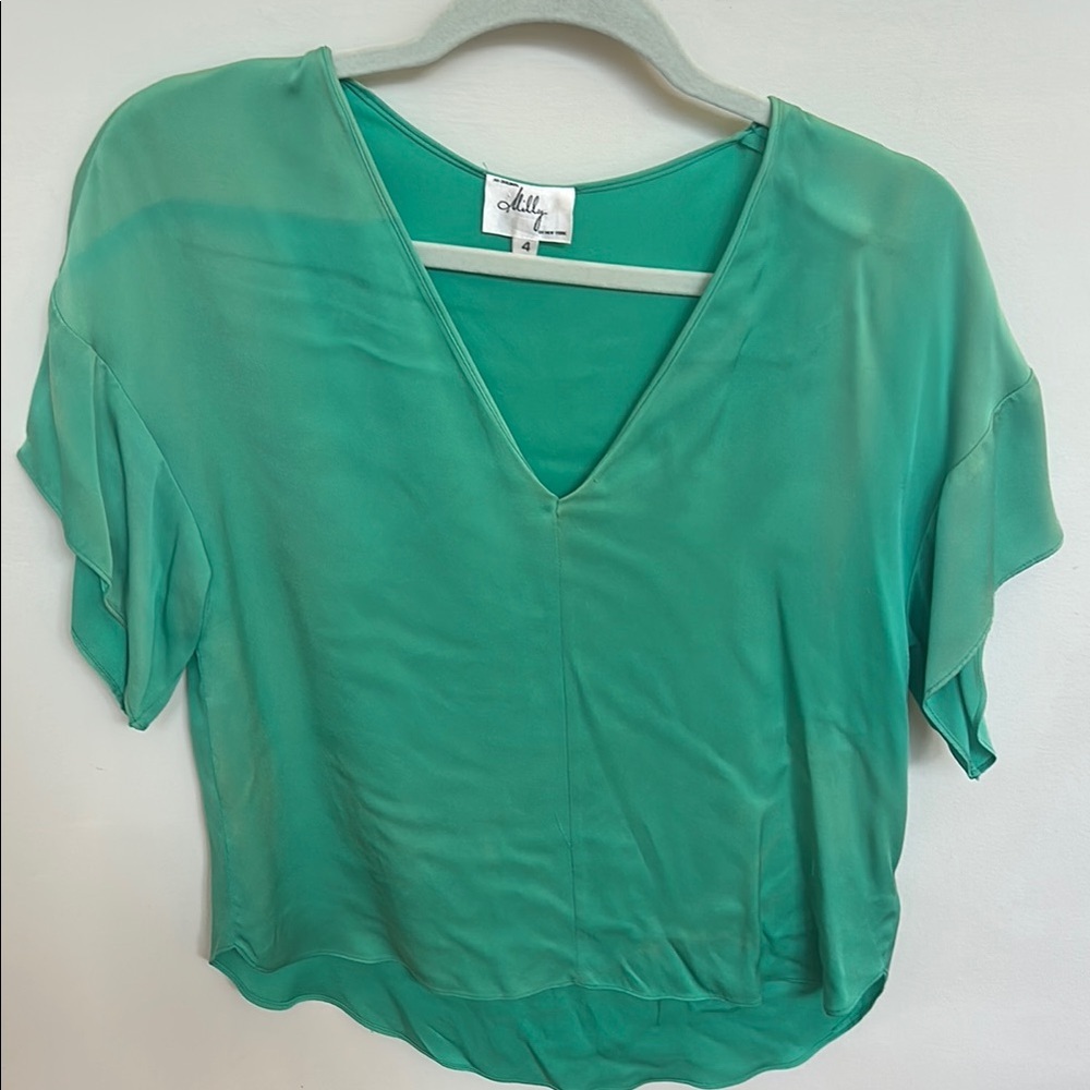 Milly Green Silk Blouse Short Sleeve Relaxed